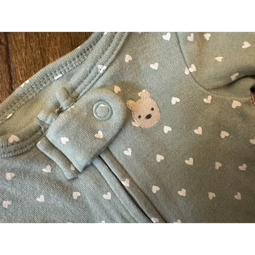 Baby Girl Preemie Outfit Footie‎ Sleeper Heart Bear Green 2 Way Zipper Clothes